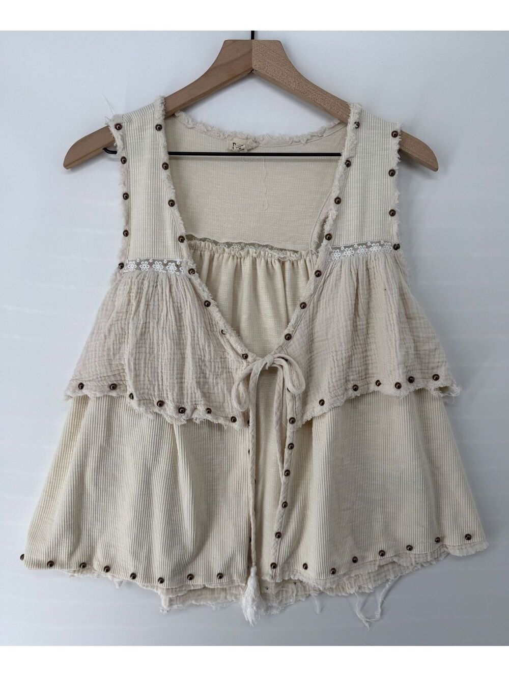 POL Boho Babydoll Tank Top Small Cream Gauze Ribbed Studded Cottagecore - Picture 1 of 5